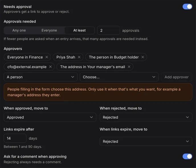 Approval settings on a waiting stage: Needs approval, Approvals needed, Approvers, where entries move, link expiry and Ask for a comment when approving