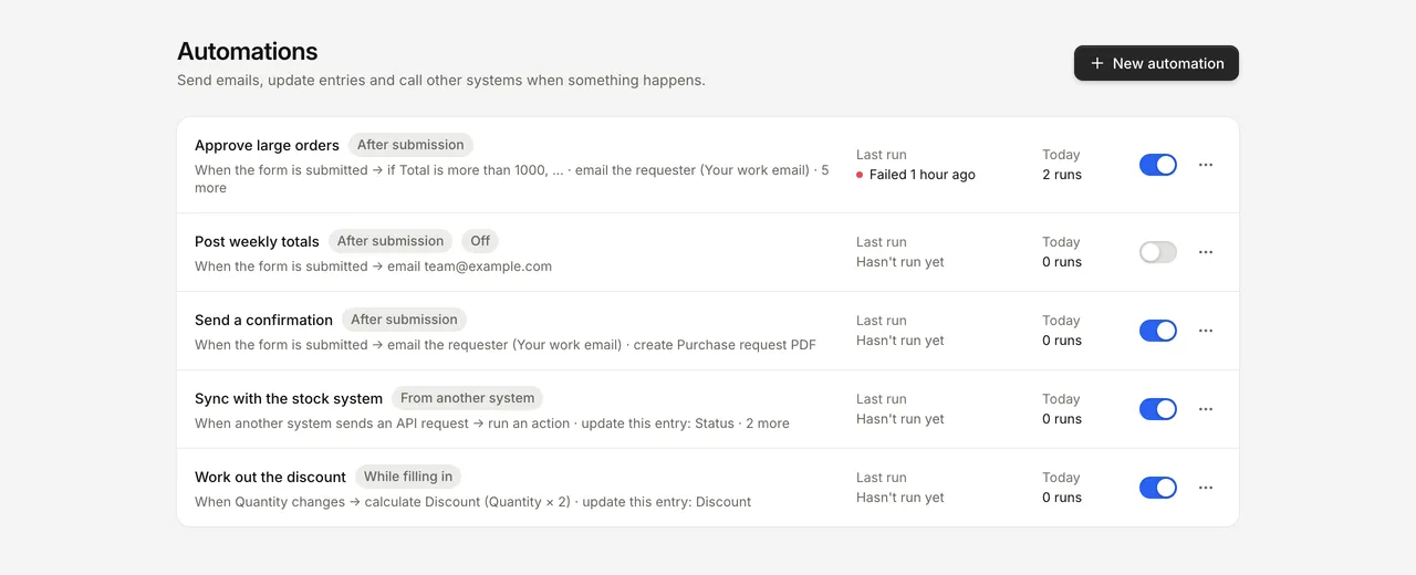 The automations list, with each automation's description, run mode badge, last run, today's runs and on and off switch