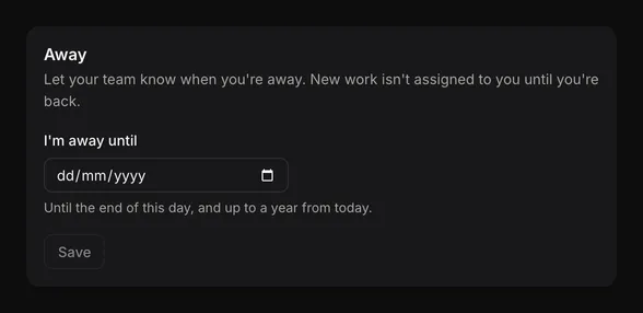 The Away section of your profile, with I'm away until and Save