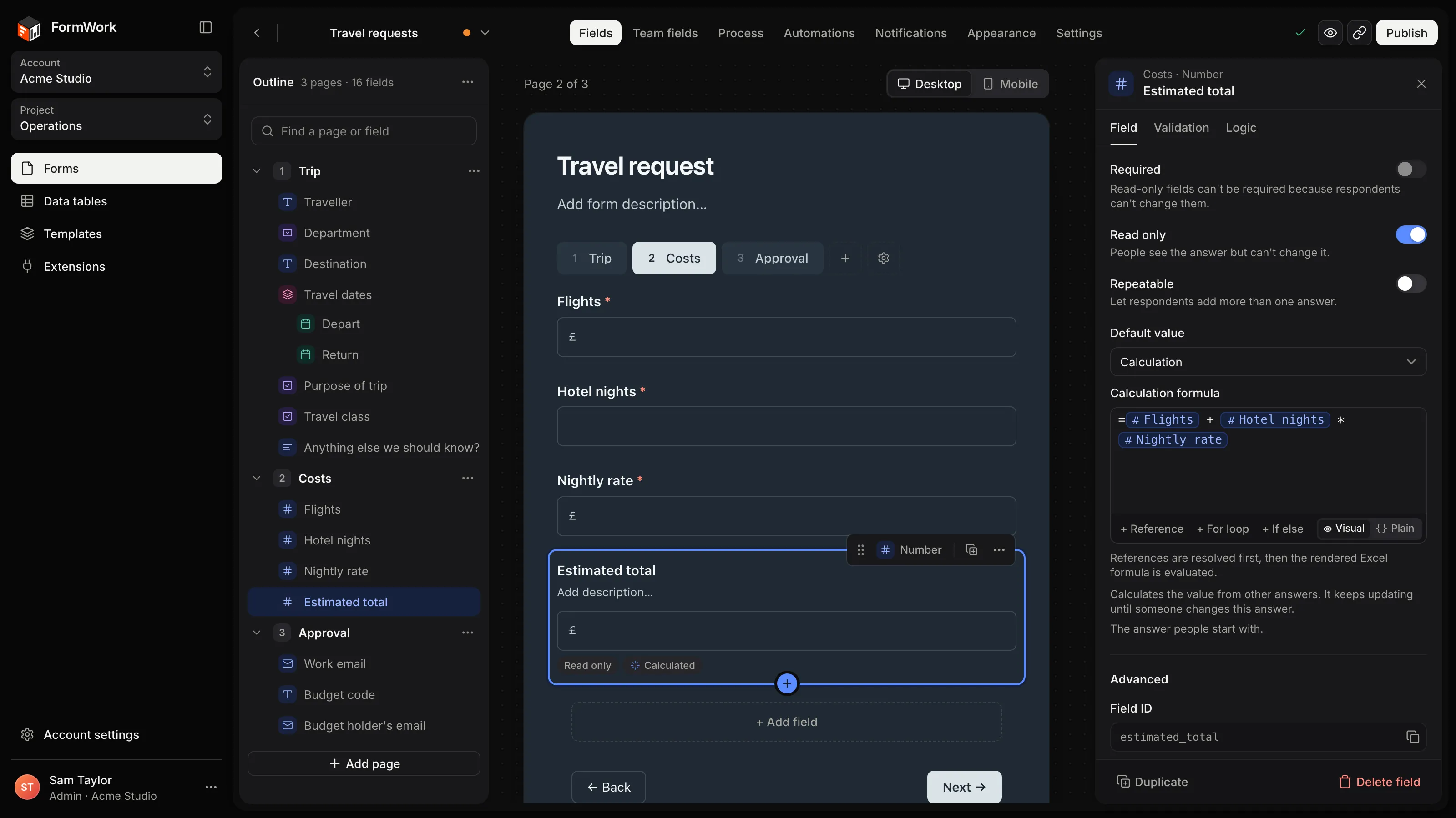 The form builder with a calculated Estimated total field selected and its formula in the settings panel.