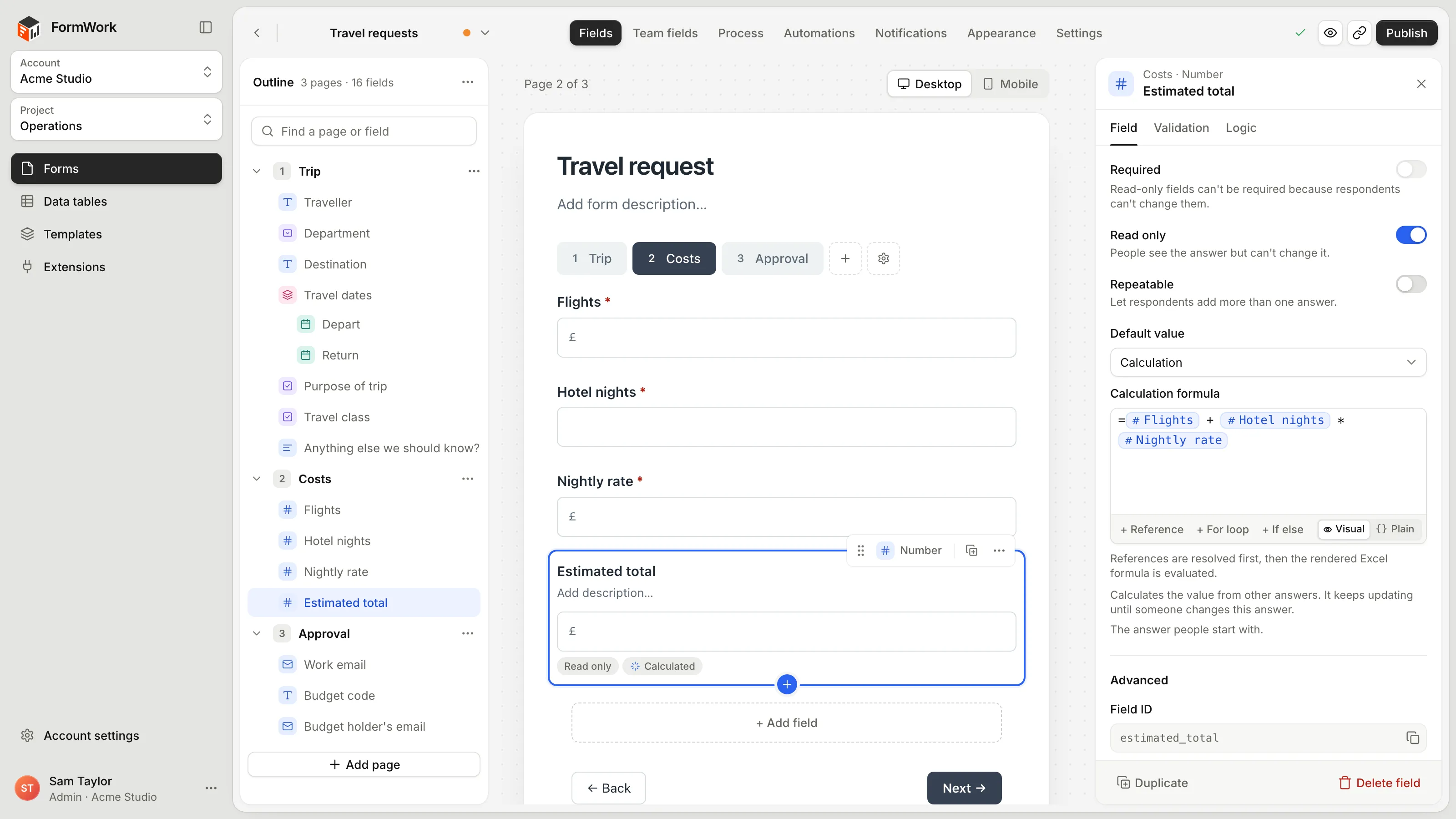 The form builder with a calculated Estimated total field selected and its formula in the settings panel.