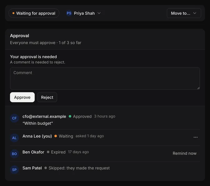 The Approval panel on an entry, with Your approval is needed, a comment box, Approve and Reject, and each approver's status