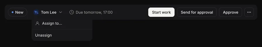 The owner menu in an entry's process bar, with Assign to… and Unassign