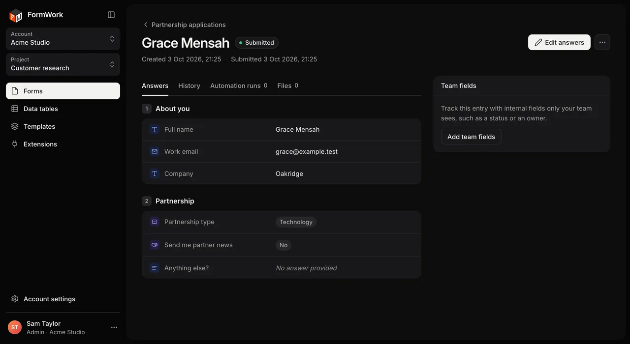 An entry page with the Answers, History, Automation runs and Files tabs and the Team fields panel