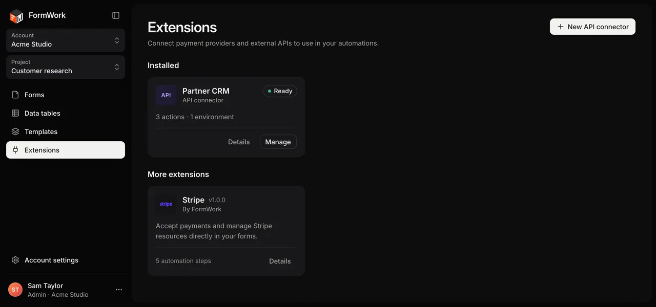 The Extensions page, with a Partner CRM API connector under Installed and Stripe under More extensions