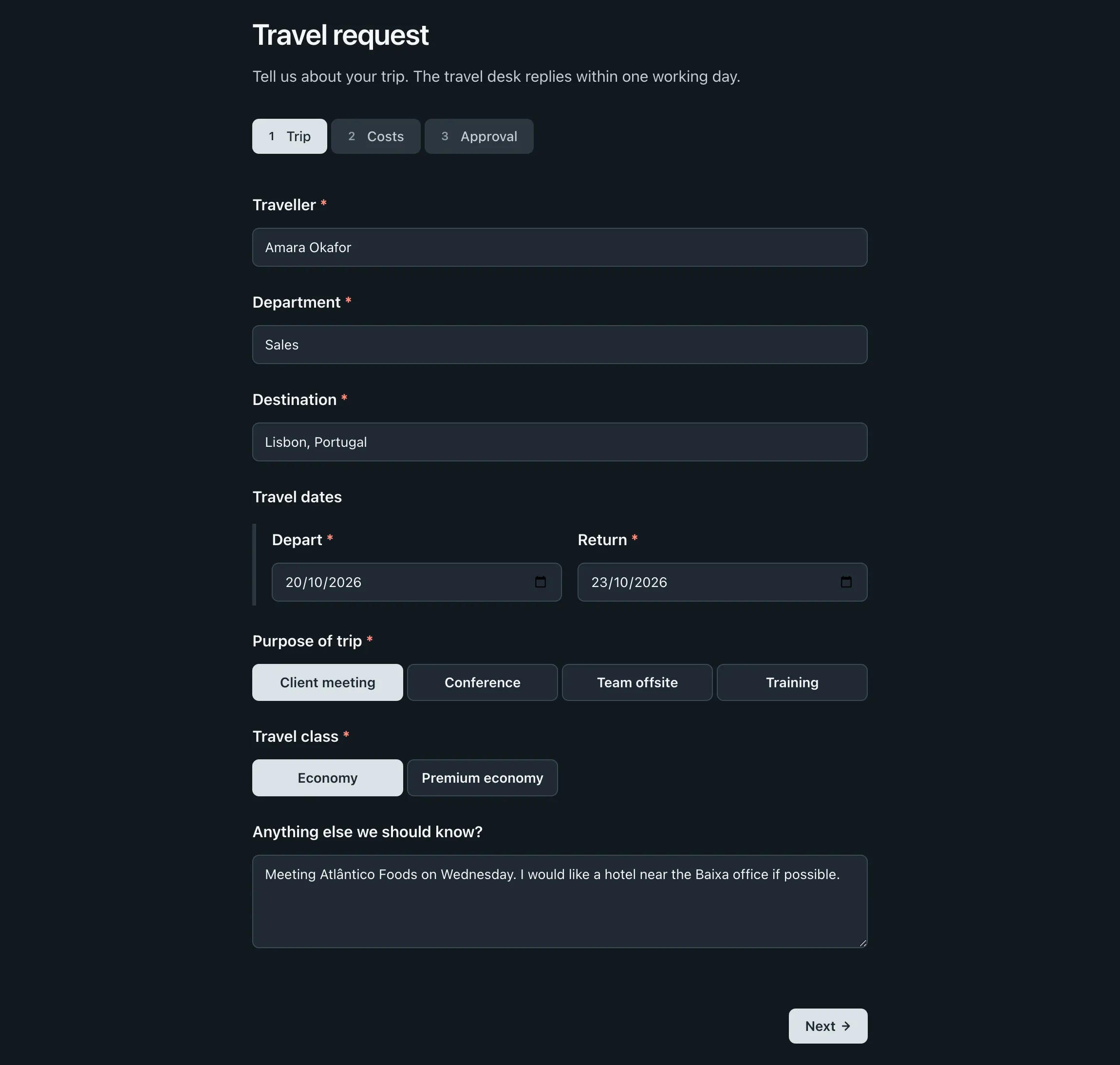 A travel request form on its Trip page, with the traveller, destination, dates, purpose and travel class filled in.