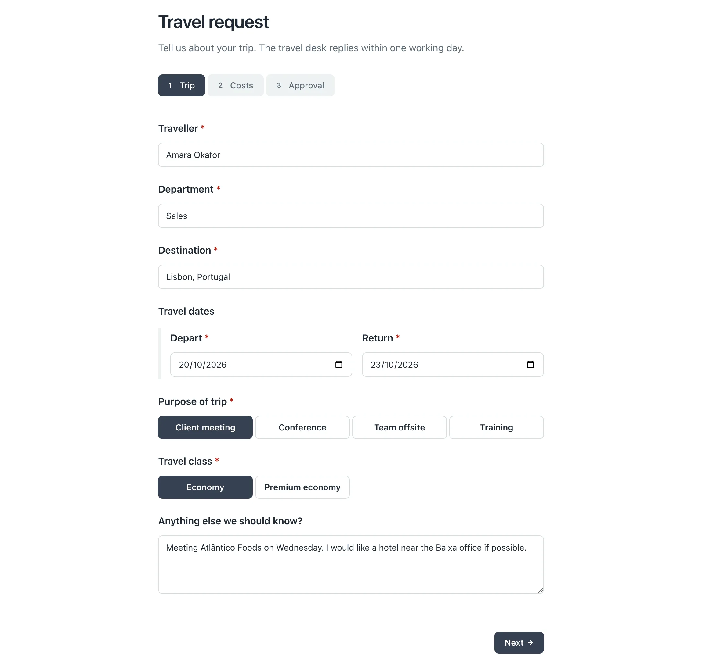 A travel request form on its Trip page, with the traveller, destination, dates, purpose and travel class filled in.
