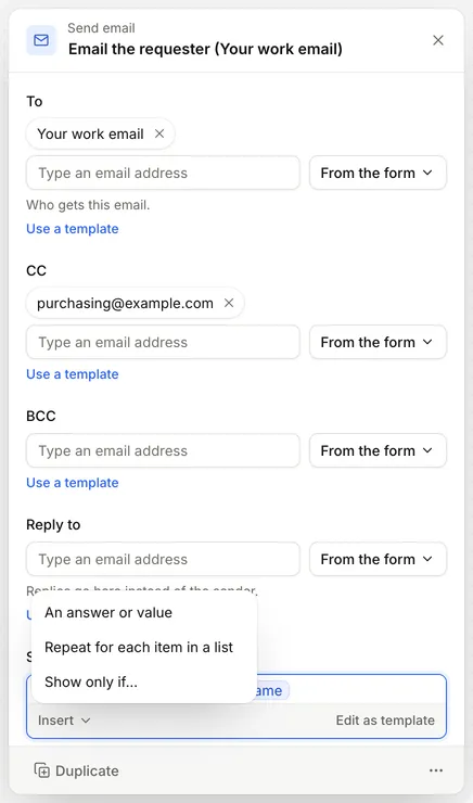 Send email settings with the Insert menu open under Subject: An answer or value, Repeat for each item in a list and Show only if…