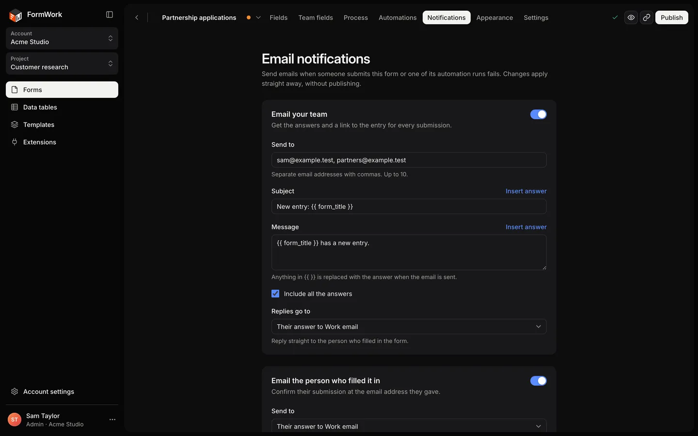 The builder's Notifications tab, with Email your team switched on: Send to, Subject, Message, Include all the answers and Replies go to