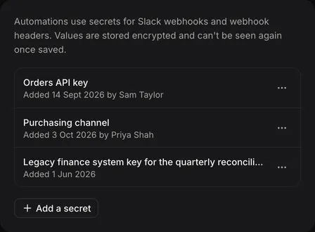 Project secrets, each with when and by whom it was added, and Add a secret