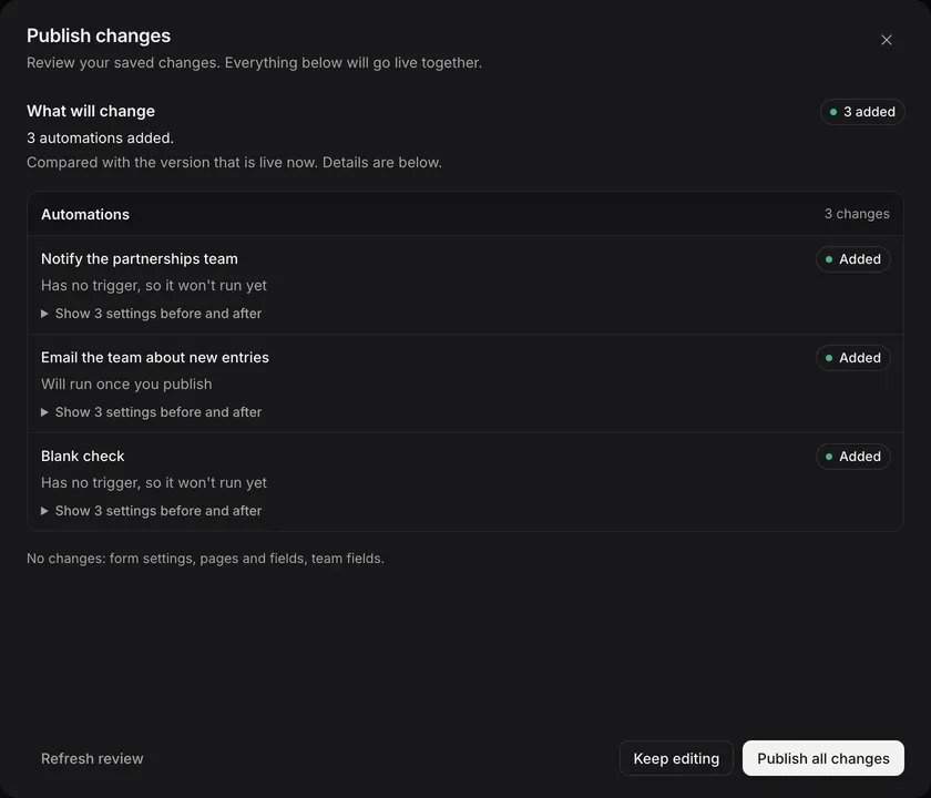 FormWork's publish review lists draft changes with controls to compare settings before publishing