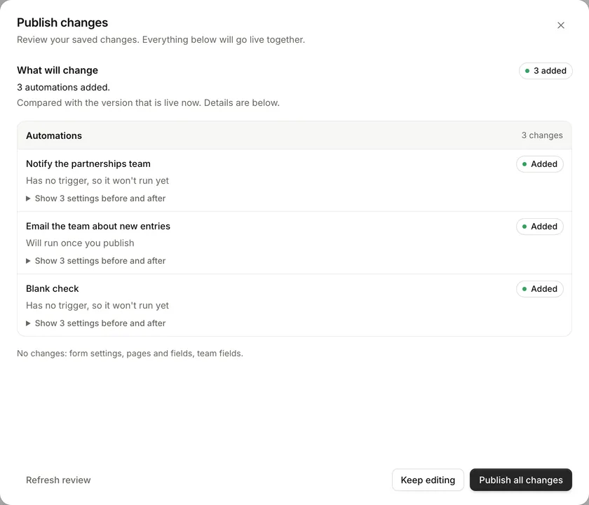 FormWork's publish review lists draft changes with controls to compare settings before publishing