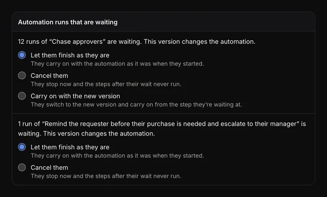 The publish review asking what to do with waiting automation runs: Let them finish as they are, Cancel them or Carry on with the new version