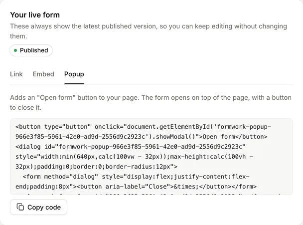 The Your live form card on Share and embed, with the Link, Embed and Popup tabs and the popup code