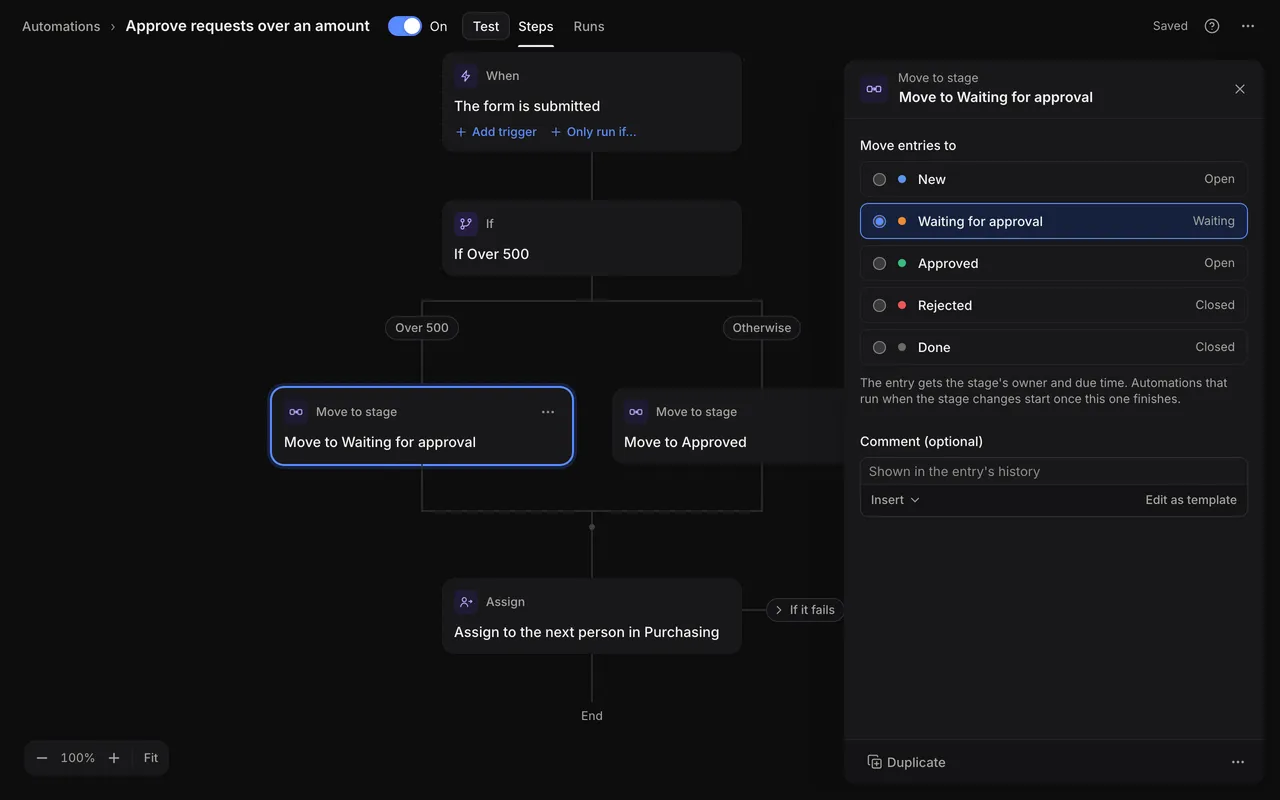 Move to stage step settings, with the stage to move entries to and an optional comment
