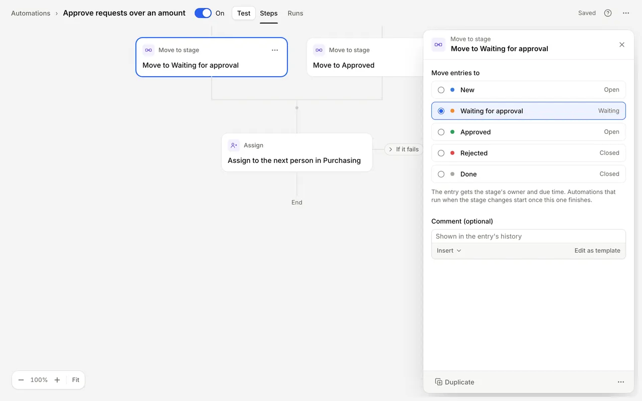 Move to stage step settings, with the stage to move entries to and an optional comment