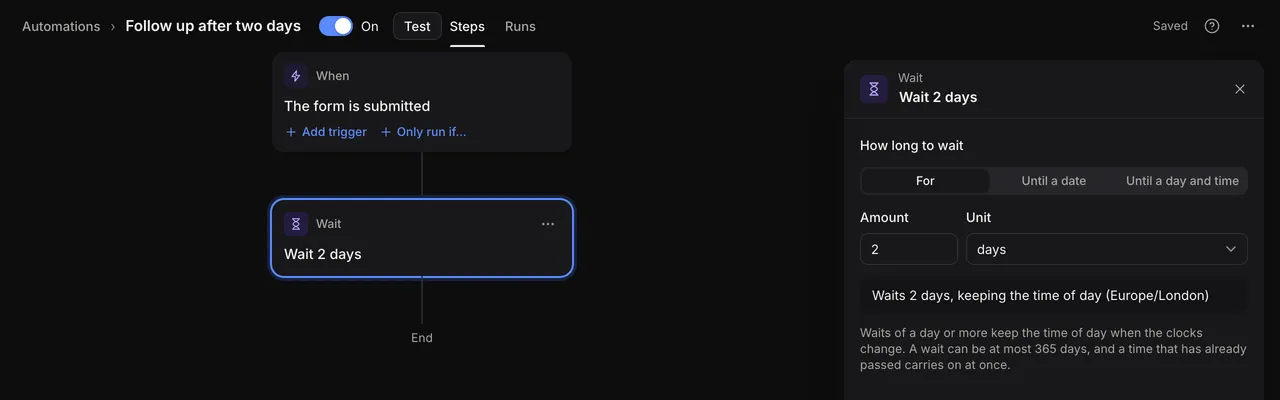 Wait step settings, with How long to wait set to For 2 days