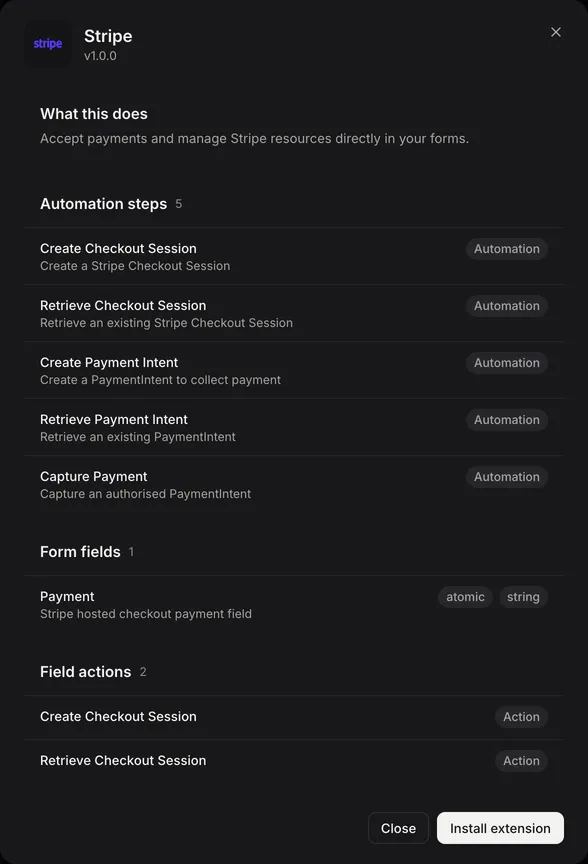 The Stripe extension's details, listing its automation steps, its Payment field and field actions, with Install extension