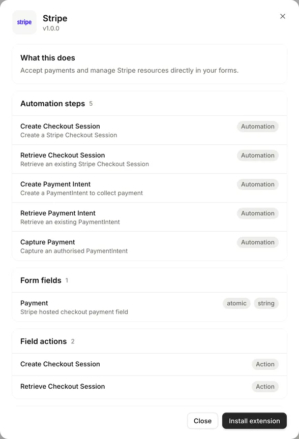 The Stripe extension's details, listing its automation steps, its Payment field and field actions, with Install extension