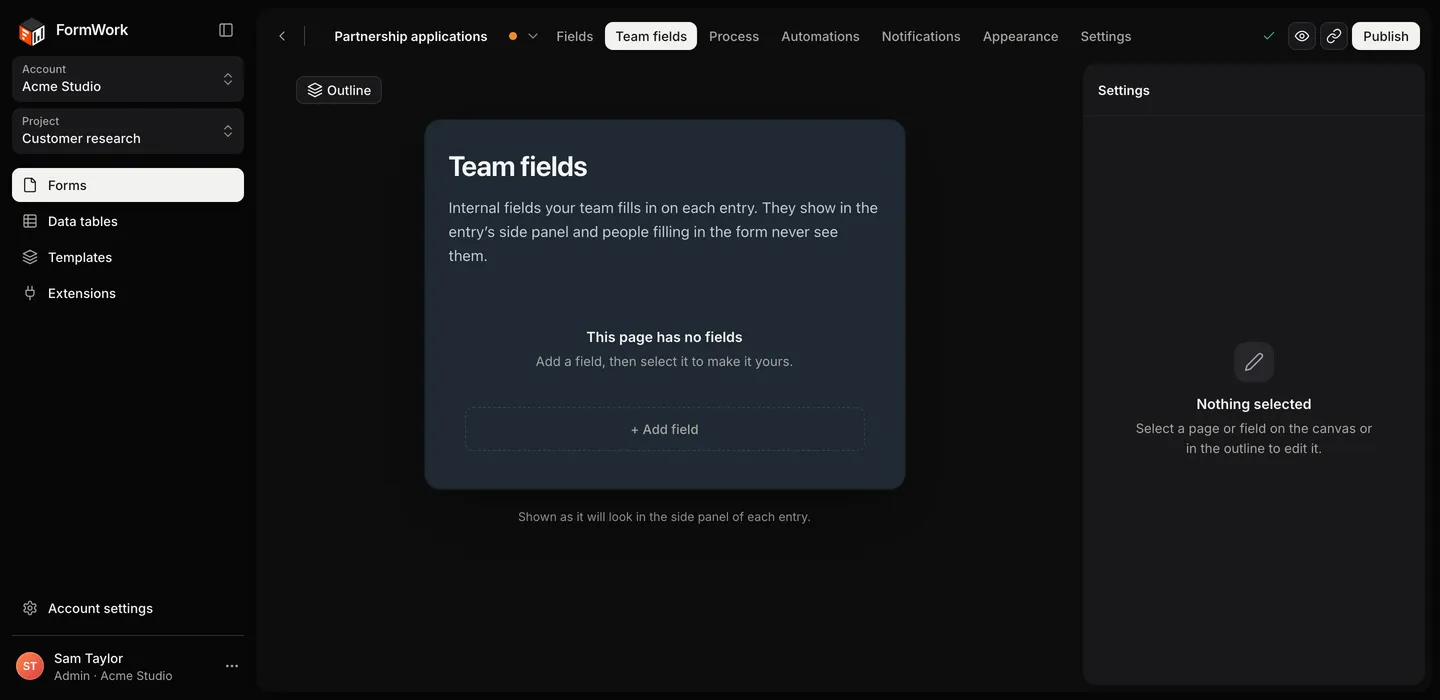 The builder's Team fields tab, ready for fields to be added with + Add field