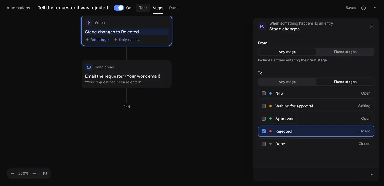 Stage changes trigger settings, with From set to Any stage and To set to the Rejected stage