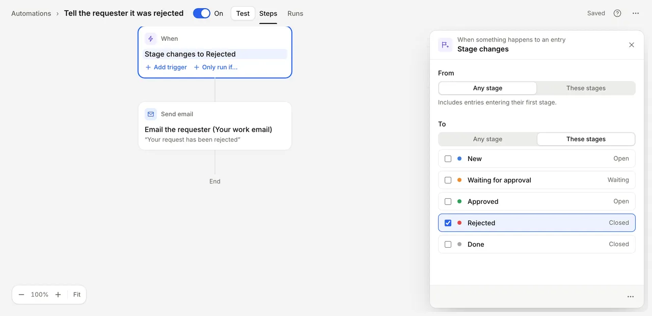 Stage changes trigger settings, with From set to Any stage and To set to the Rejected stage