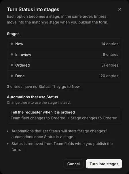 The Turn Status into stages dialog, listing each new stage with its number of entries and the automations that use Status